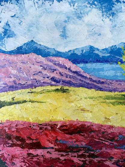 Oil painting of mountain lake and three trees by V. Zadorozhnya
