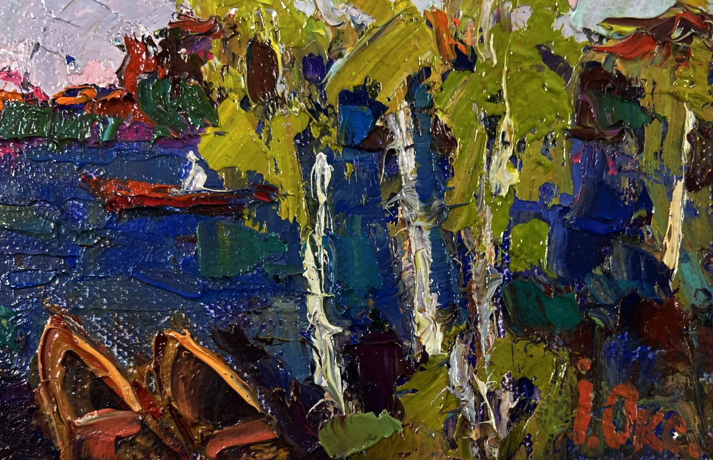 Vibrant impressionist oil painting The first leaves reflected in water by Oksana Ivanyuk