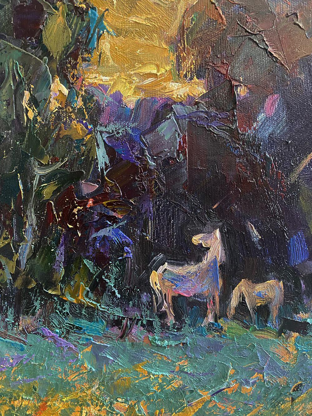 Oil painting Sunset over the forest by Oleksiy Ivanyuk with horses
