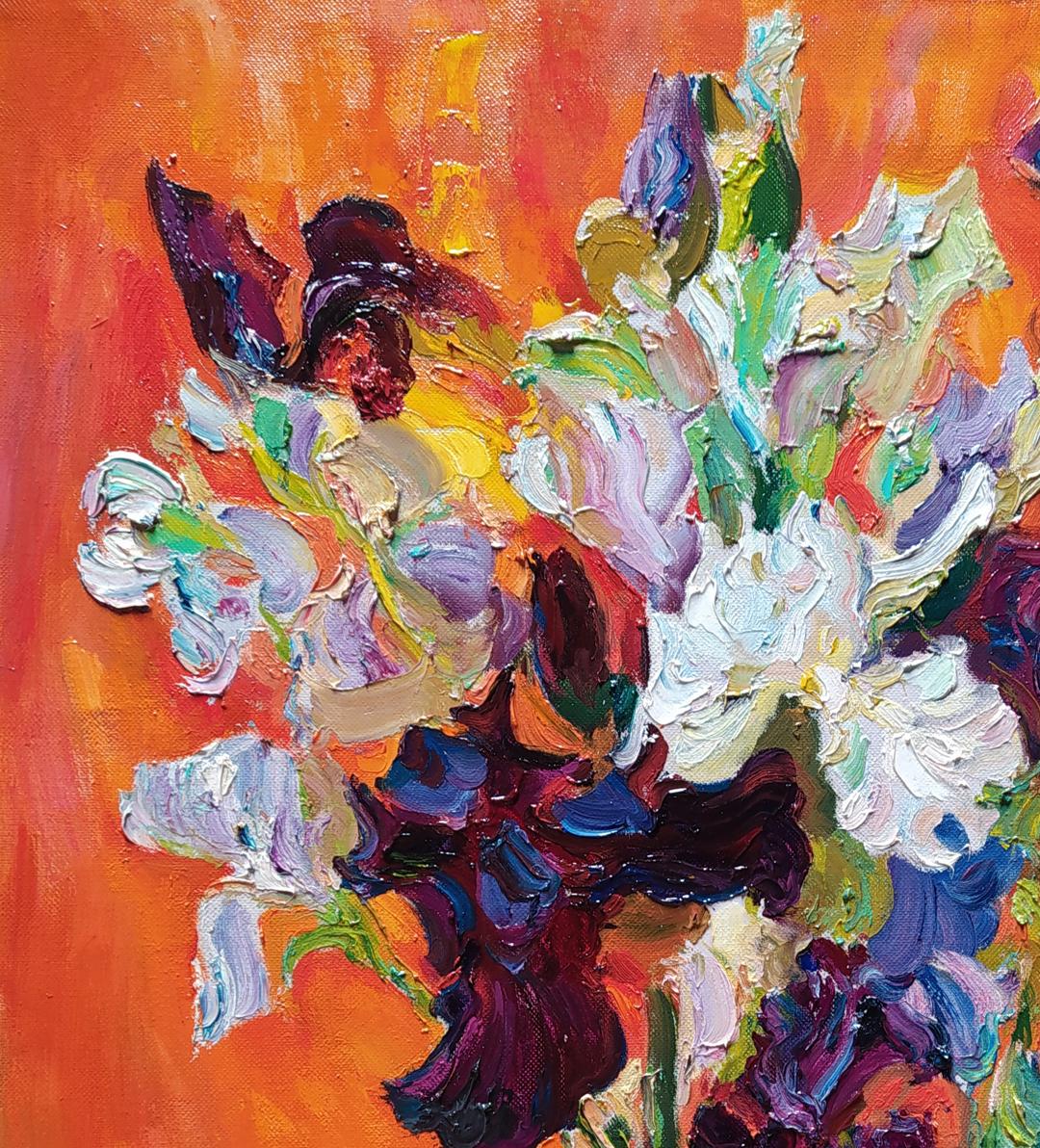 Vibrant impressionist oil painting of irises on red by Leonid Pavlenko