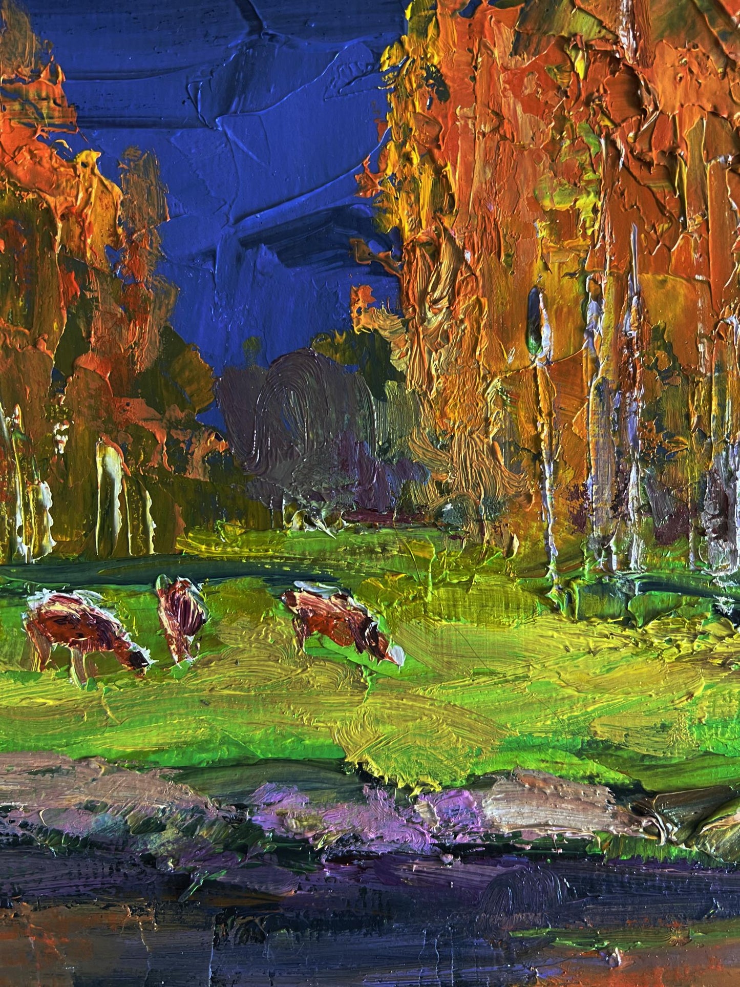 Oil painting Autumn on the shore river by Boris Serdyuk: cows grazing
