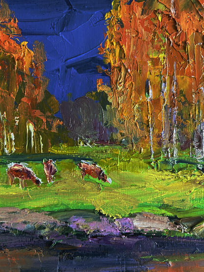 Oil painting Autumn on the shore river by Boris Serdyuk: cows grazing