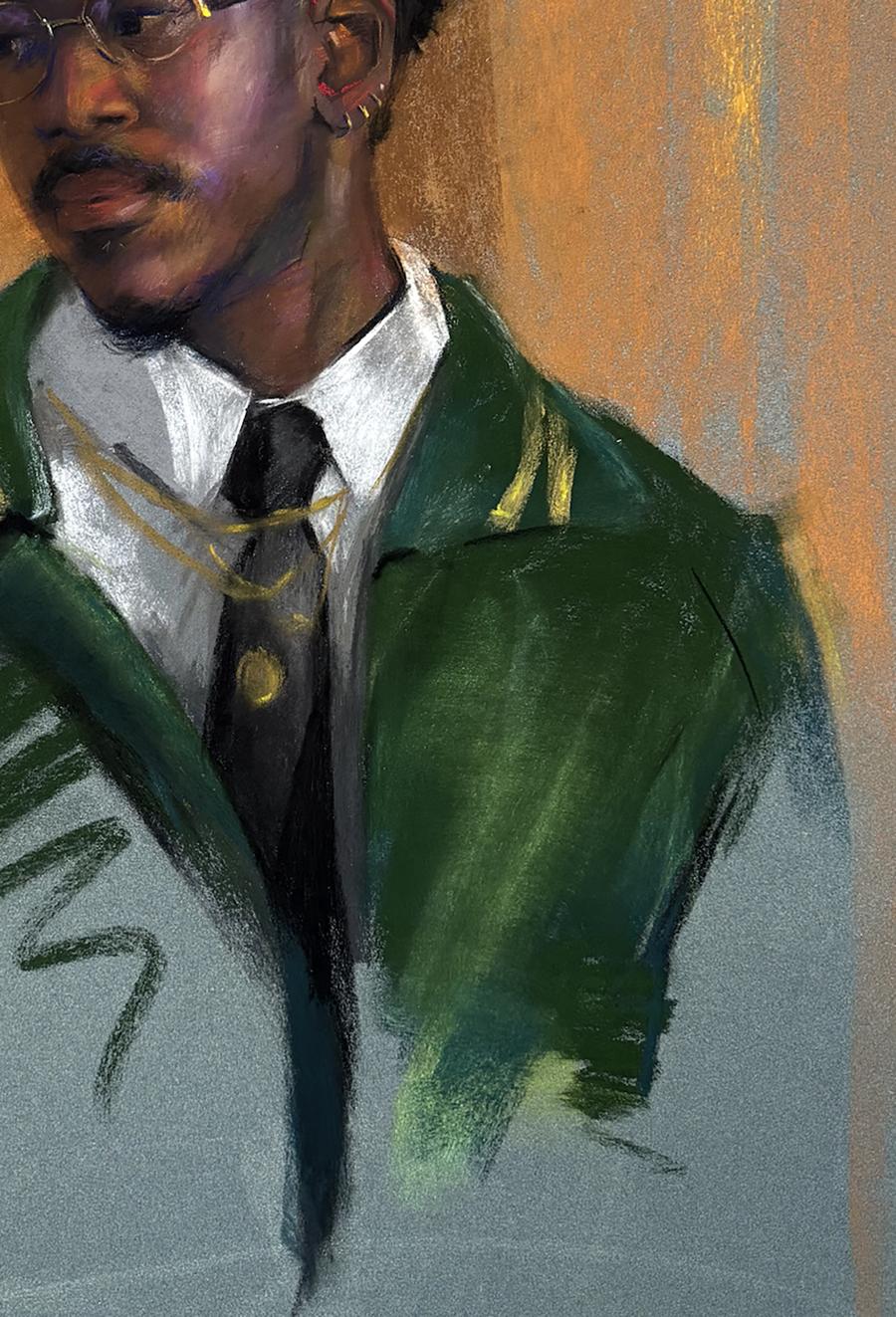 Green blazer with gold trim in Pastel painting Karl in a Suit Annam Butt