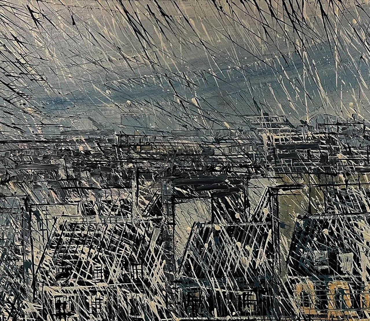Abstract black white cityscape oil painting by Serhiy Kovalev, spider web motif