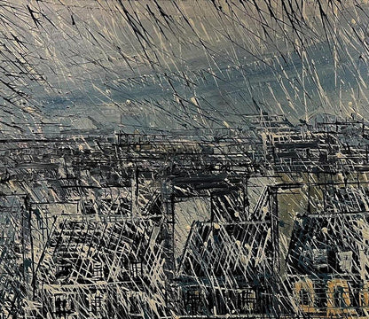Abstract black white cityscape oil painting by Serhiy Kovalev, spider web motif