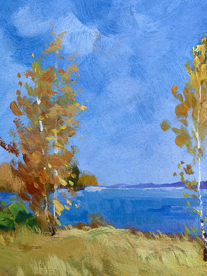 Oil painting Early autumn morning by Yuriy Suprunchuk: golden birch trees against blue sky