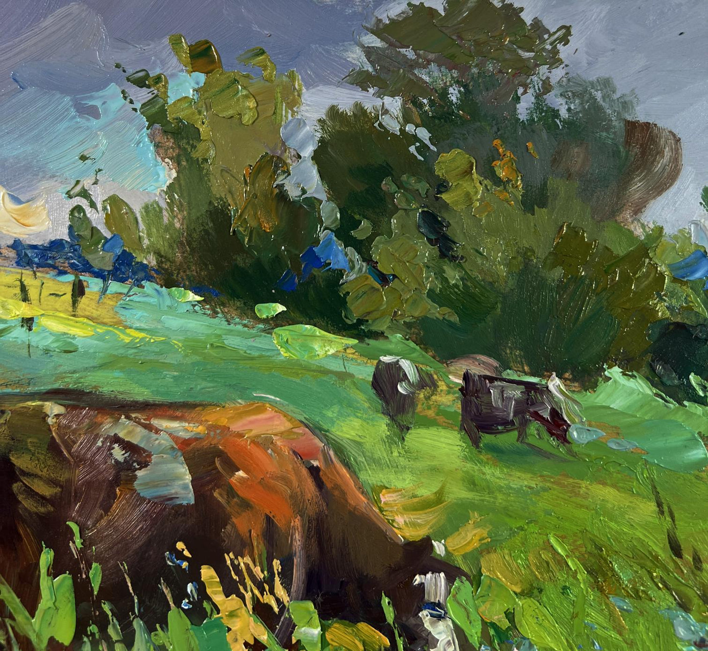 Vibrant impressionist oil painting of cows in flower field by Yuriy Suprunchuk
