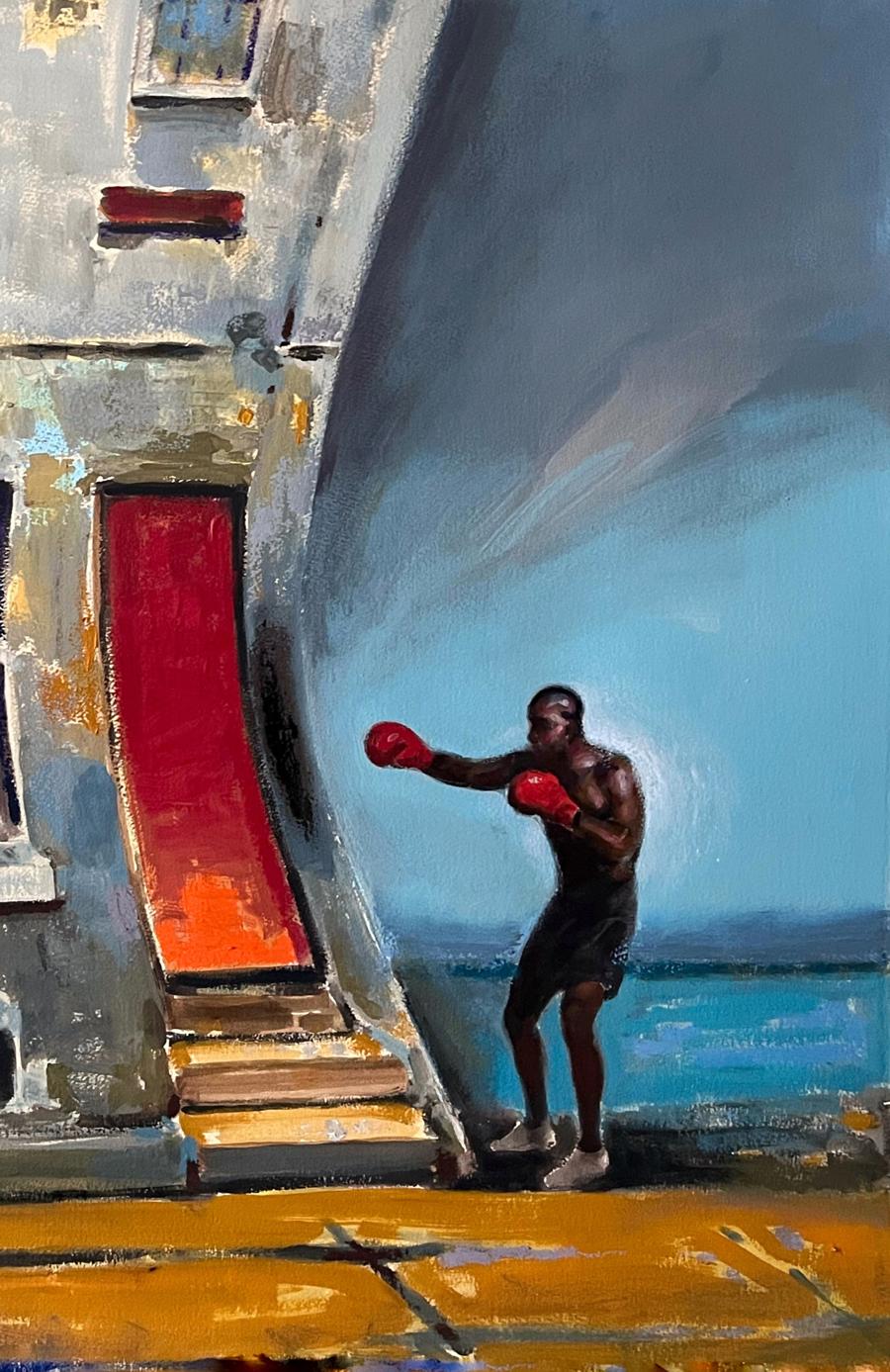 Vibrant red door in weathered gray stone building, Acrylic painting Strike of Fate by Juan Angel Gonzalez de la Calle
