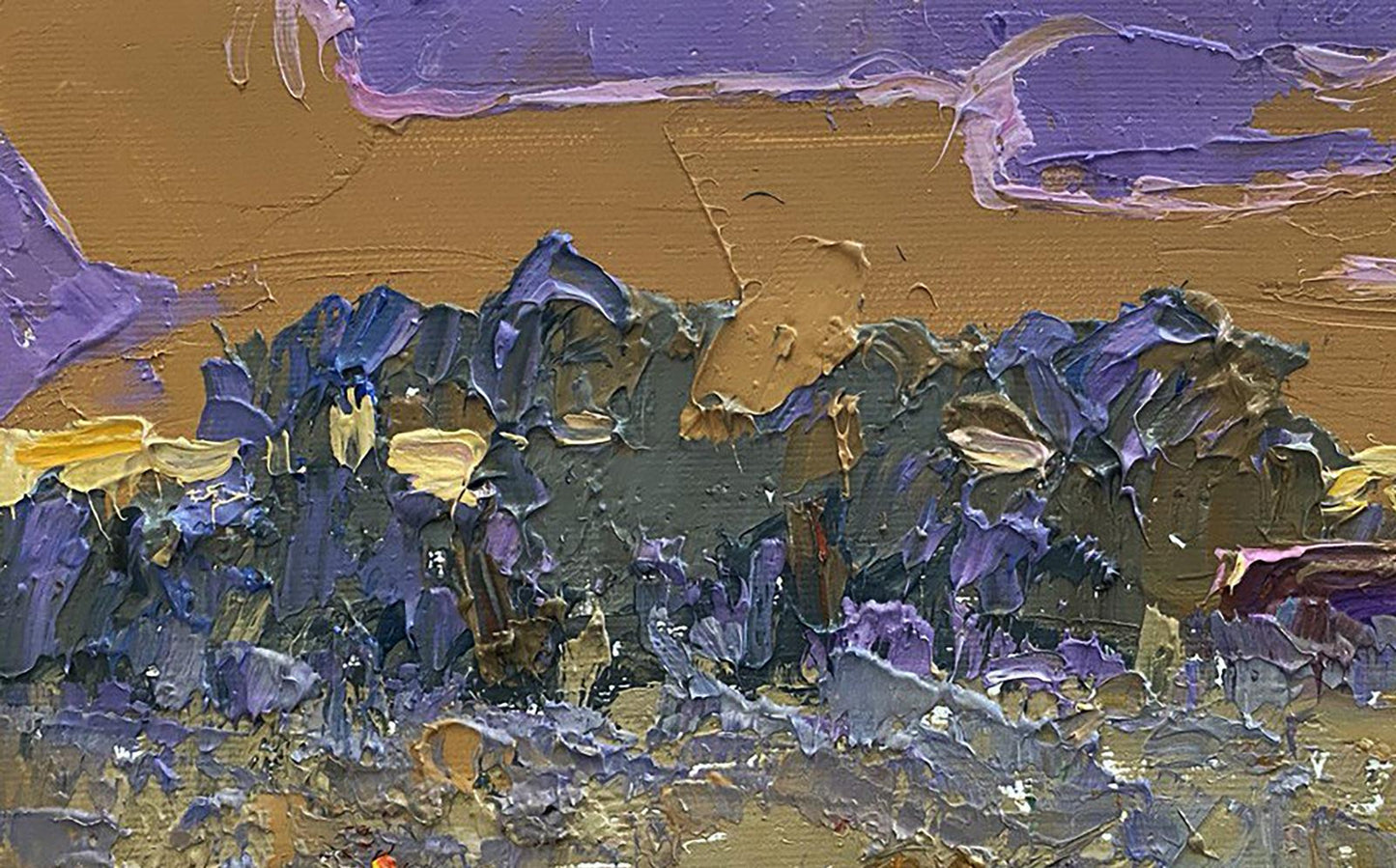 Oil painting In the steppes by Oleksiy Ivanyuk with purple blue gold impasto