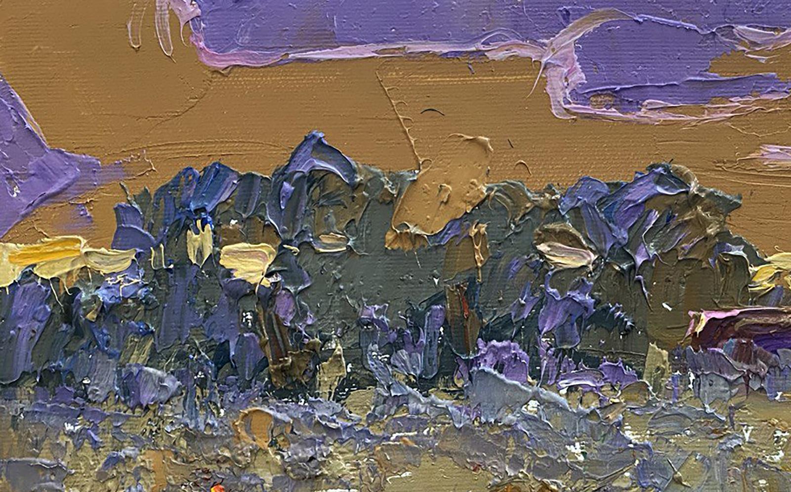Oil painting In the steppes by Oleksiy Ivanyuk with purple blue gold impasto