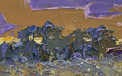 Oil painting In the steppes by Oleksiy Ivanyuk with purple blue gold impasto