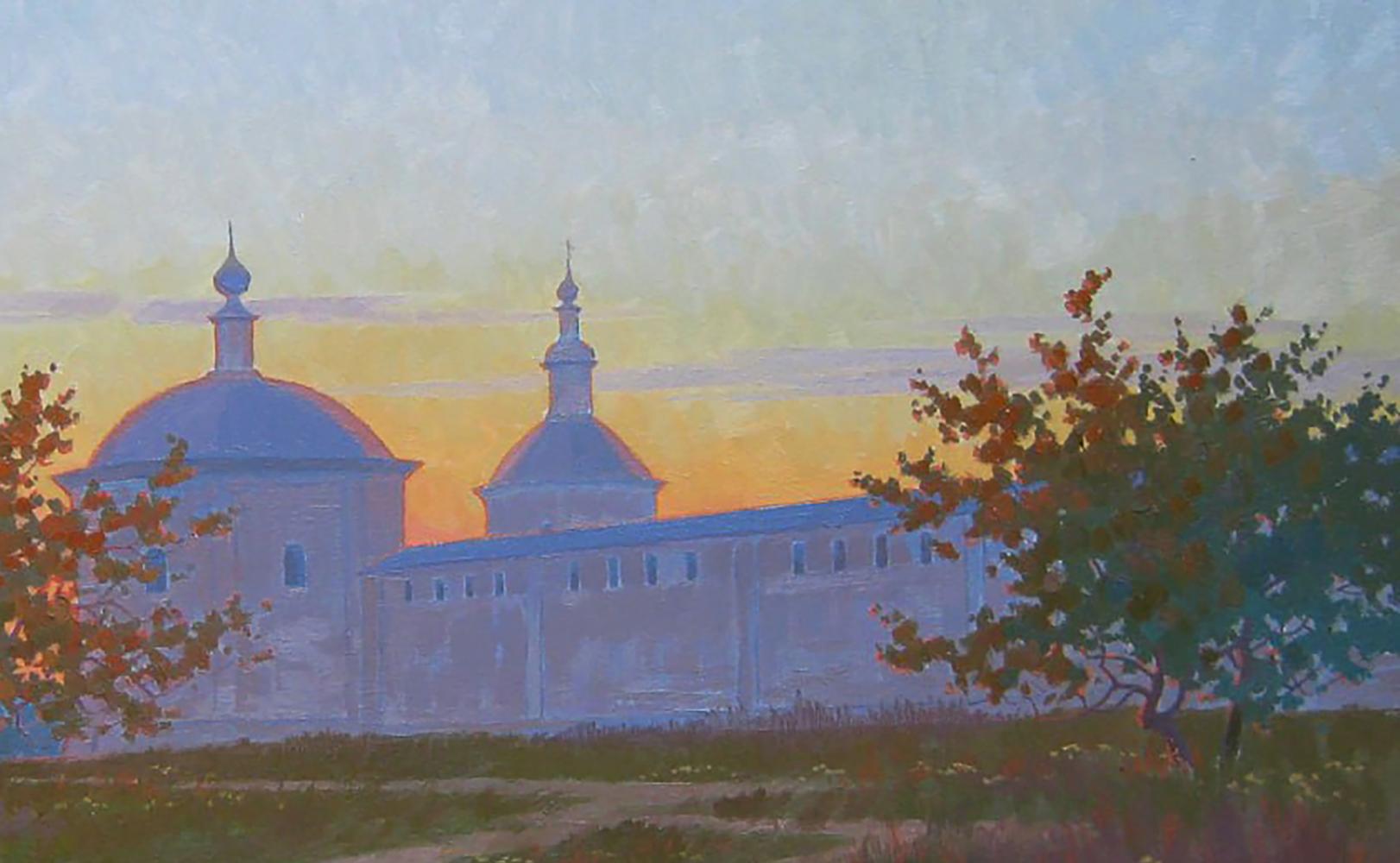 Oil painting The sun has set by Valery Savenets serene church sunset