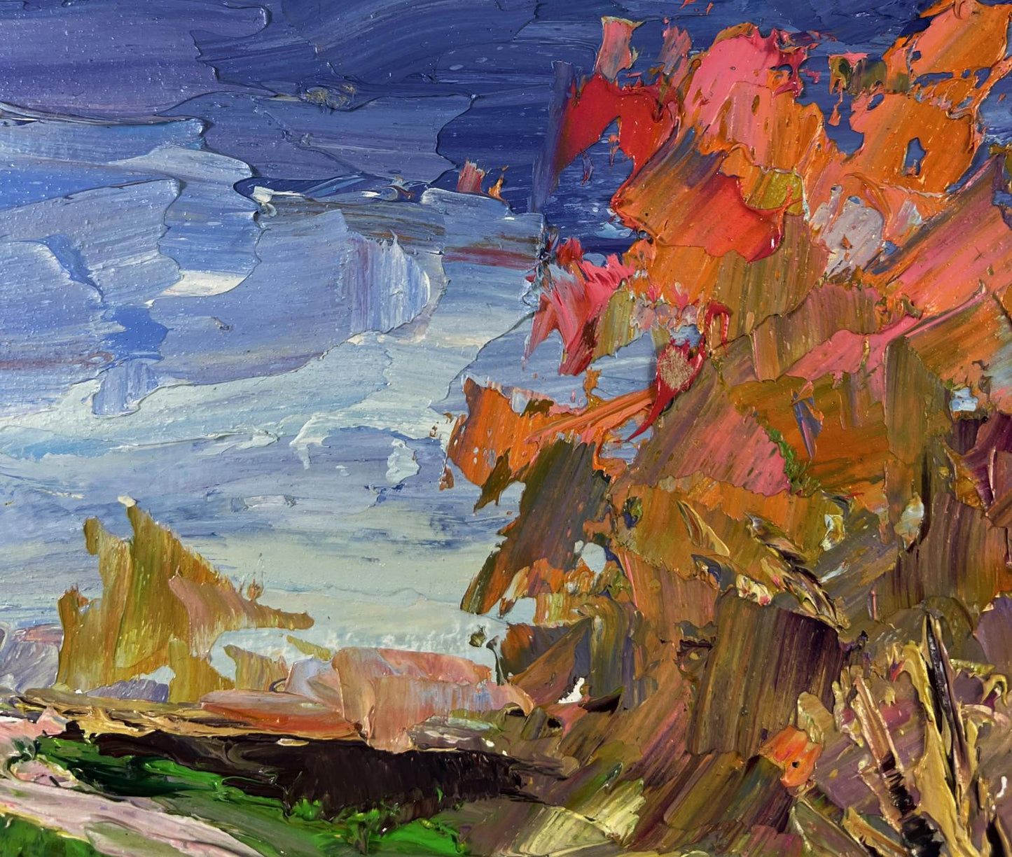 Oil painting of vibrant autumn tree reflected in river by Boris Serdyuk