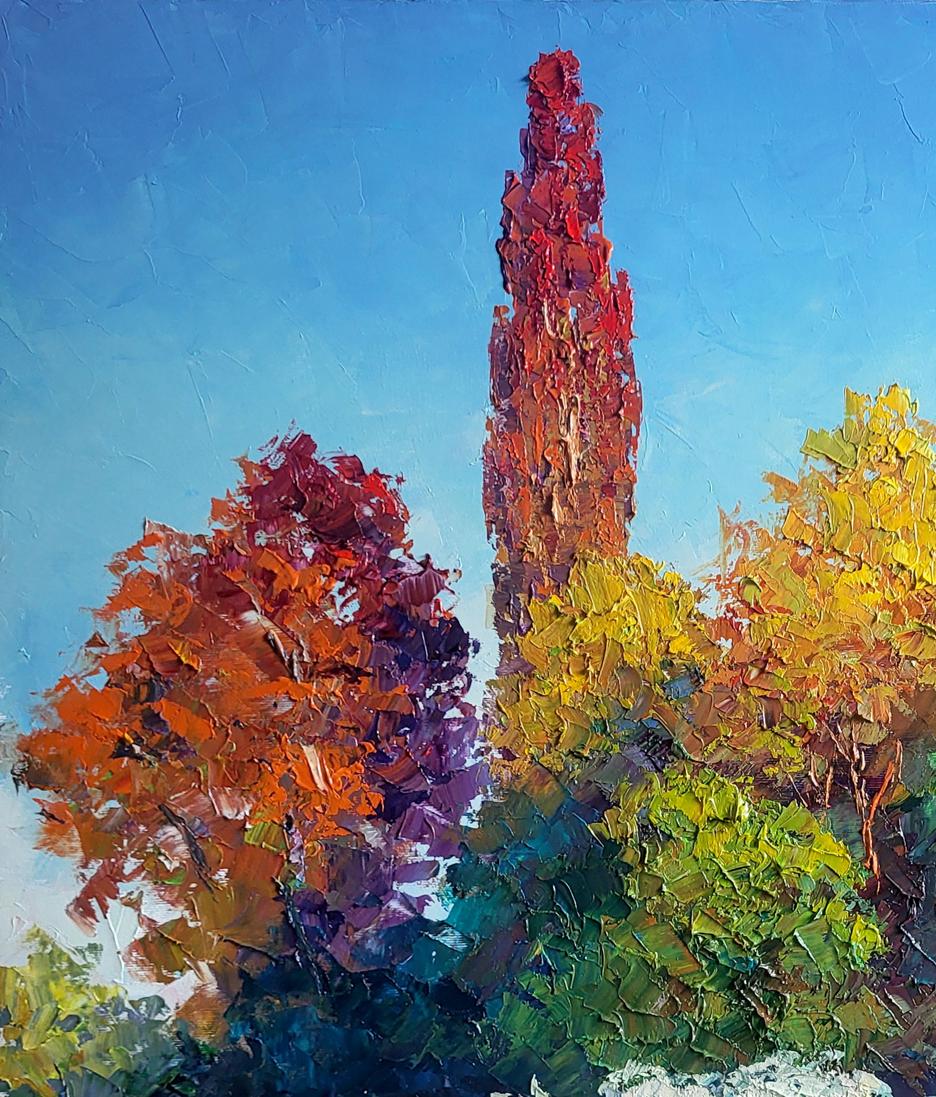 Oil painting Spirea Wangutta Bride by Boris Serdyuk, vibrant autumn trees