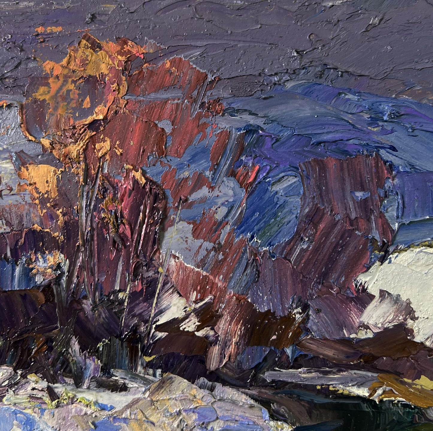 Oil painting Winter stream by Boris Serdyuk with purple red blue strokes
