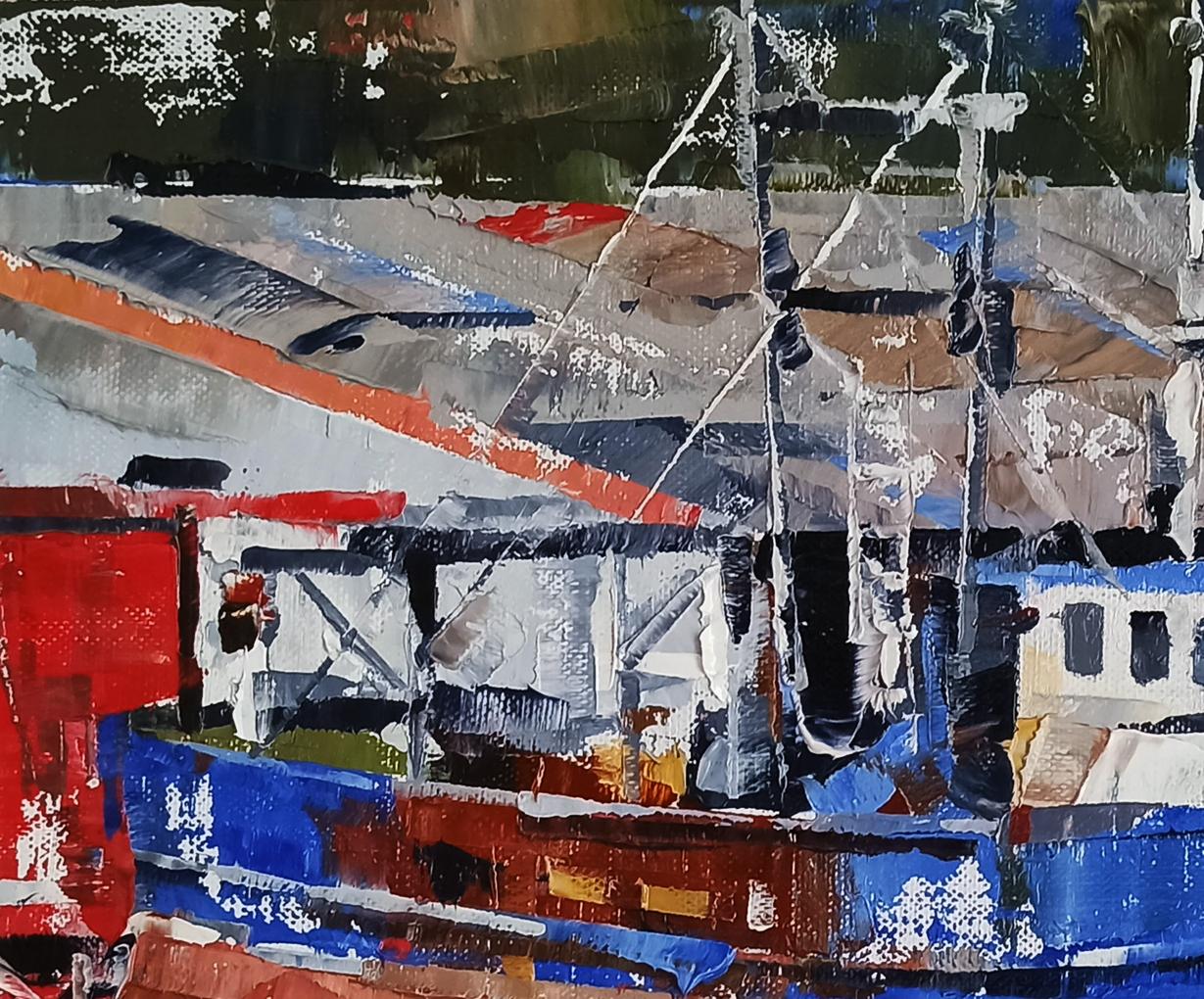 Abstract expressionist oil painting of dockside boats by Volodymyr Gluhomanyuk
