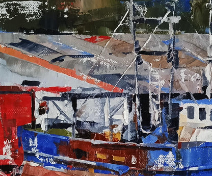 Abstract expressionist oil painting of dockside boats by Volodymyr Gluhomanyuk