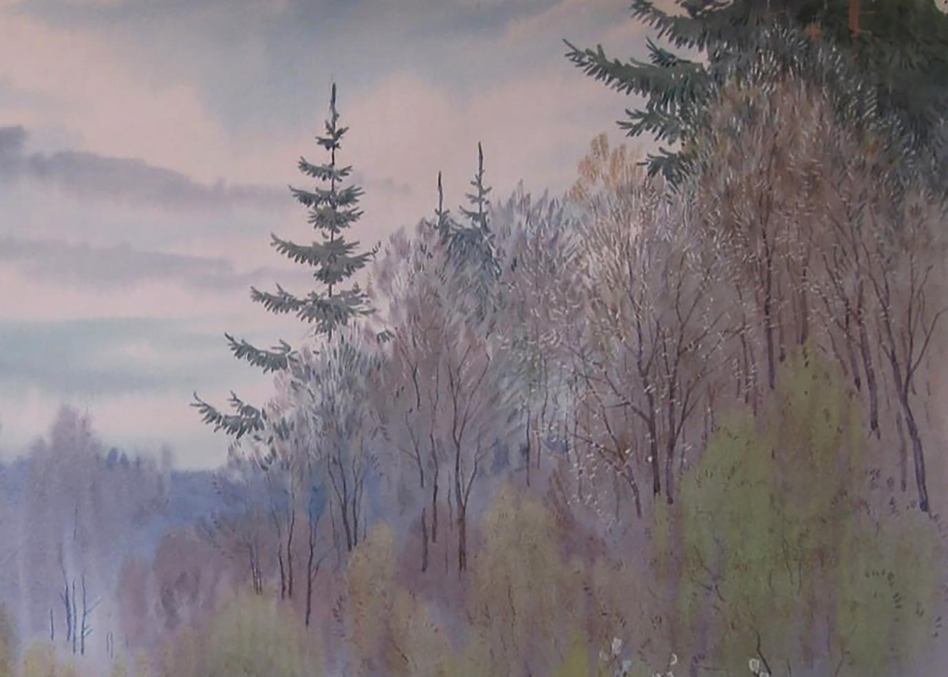 Watercolor Spring forest painting by Valery Savenets with evergreens