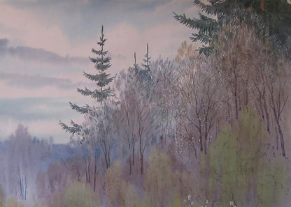 Watercolor Spring forest painting by Valery Savenets with evergreens
