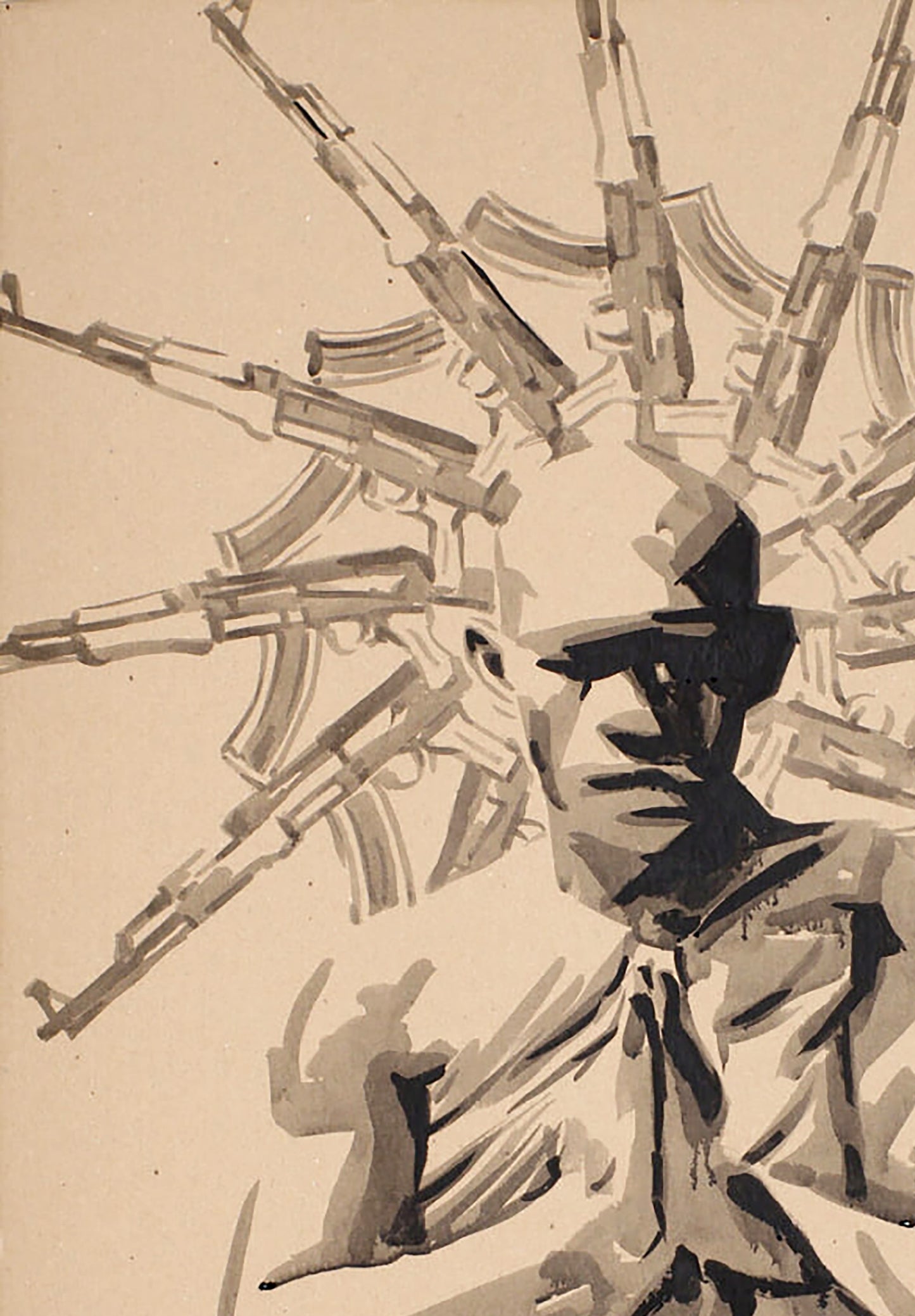Stylized black-and-white ink painting Karma Dima Filatov with figure amid radiating AK-47 rifles