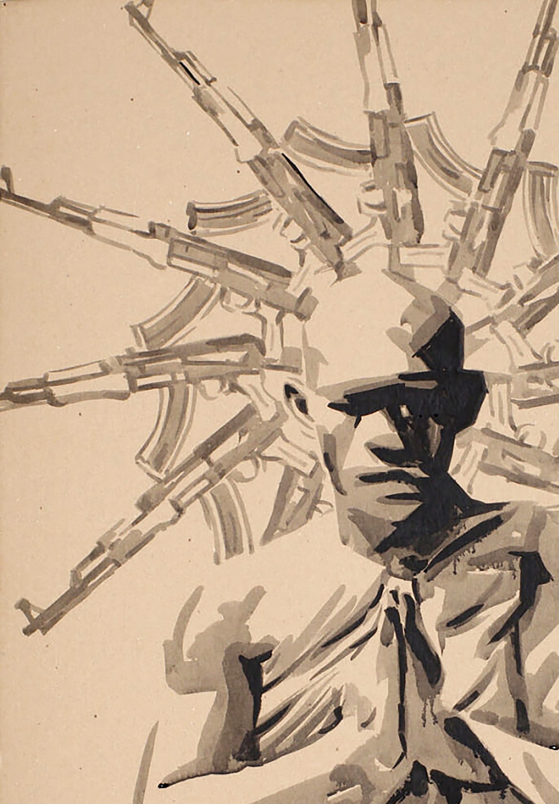 Stylized black-and-white ink painting Karma Dima Filatov with figure amid radiating AK-47 rifles