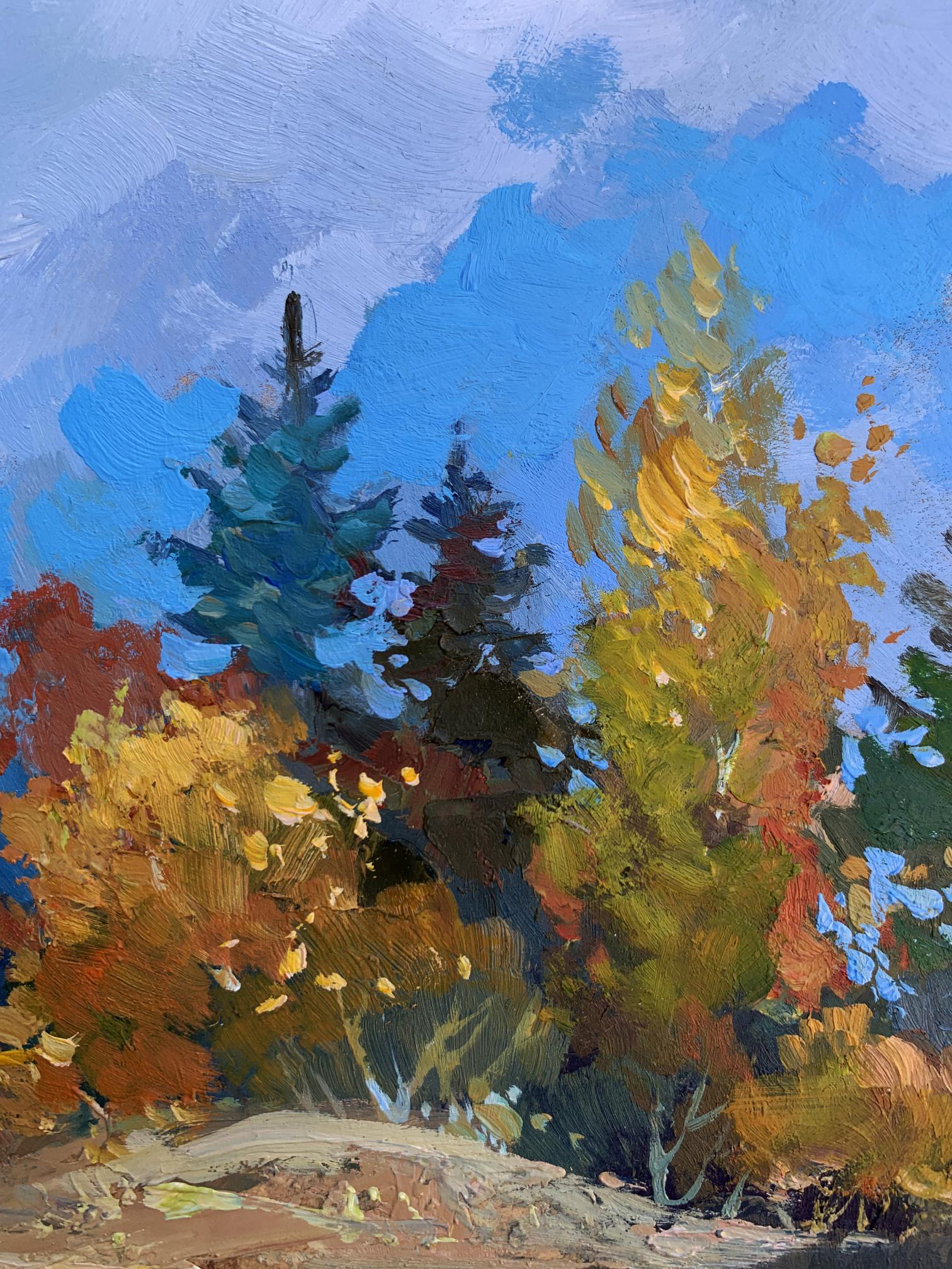 Oil painting Here comes autumn by Yuriy Suprunchuk vibrant fall forest scene