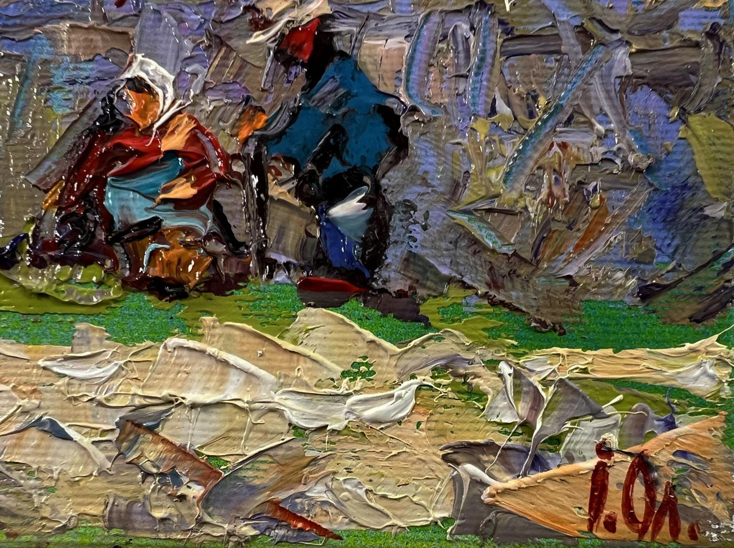 Impasto oil painting Village Memory by Oleksiy Ivanyuk, blue red earth tones