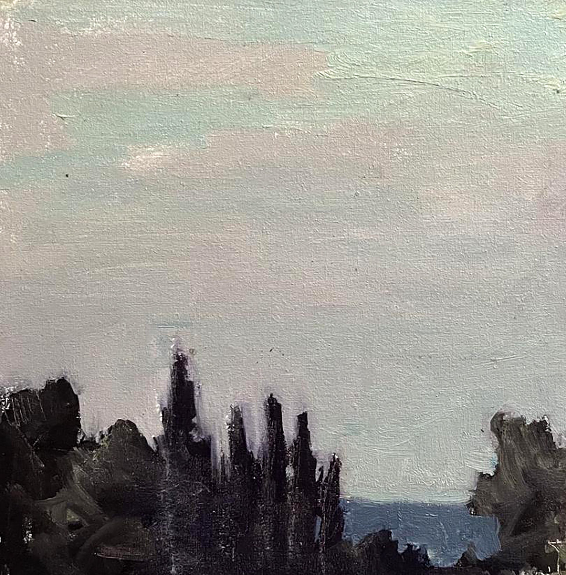 Oil painting Mowed field by Volodymyr Pashchenko: silhouetted trees, mint-lavender sky