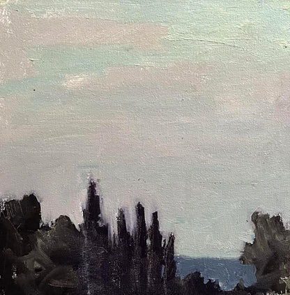 Oil painting Mowed field by Volodymyr Pashchenko: silhouetted trees, mint-lavender sky