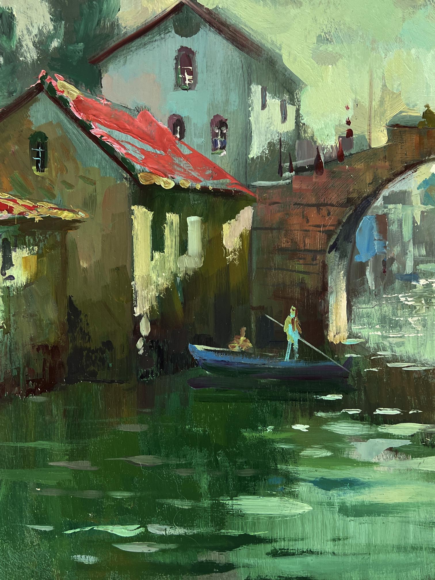 Oil painting of blue rowboat with two figures on Venice canal by Yuriy Suprunchuk