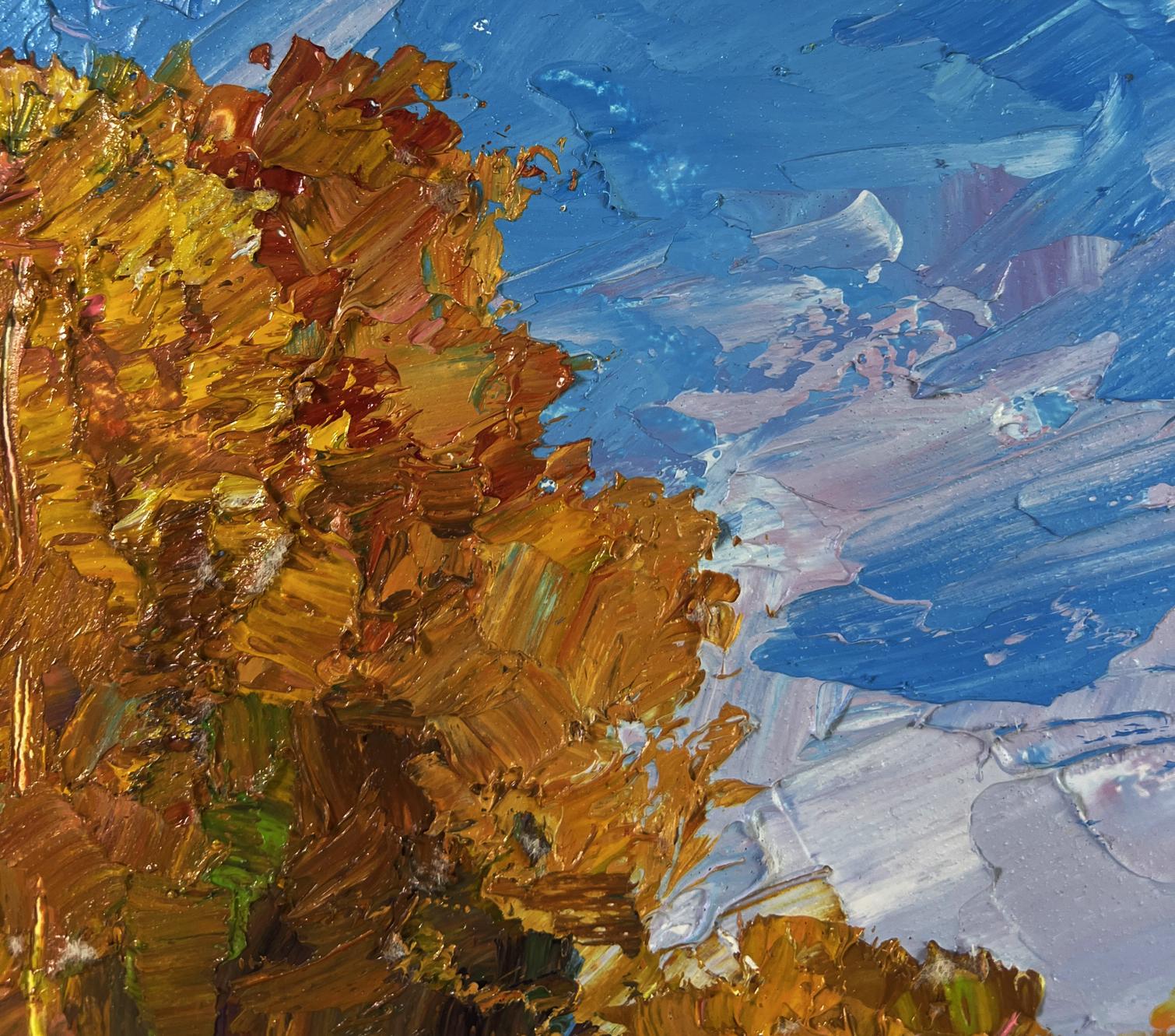 Oil painting Autumn silence on the road by Boris Serdyuk, textured autumn foliage