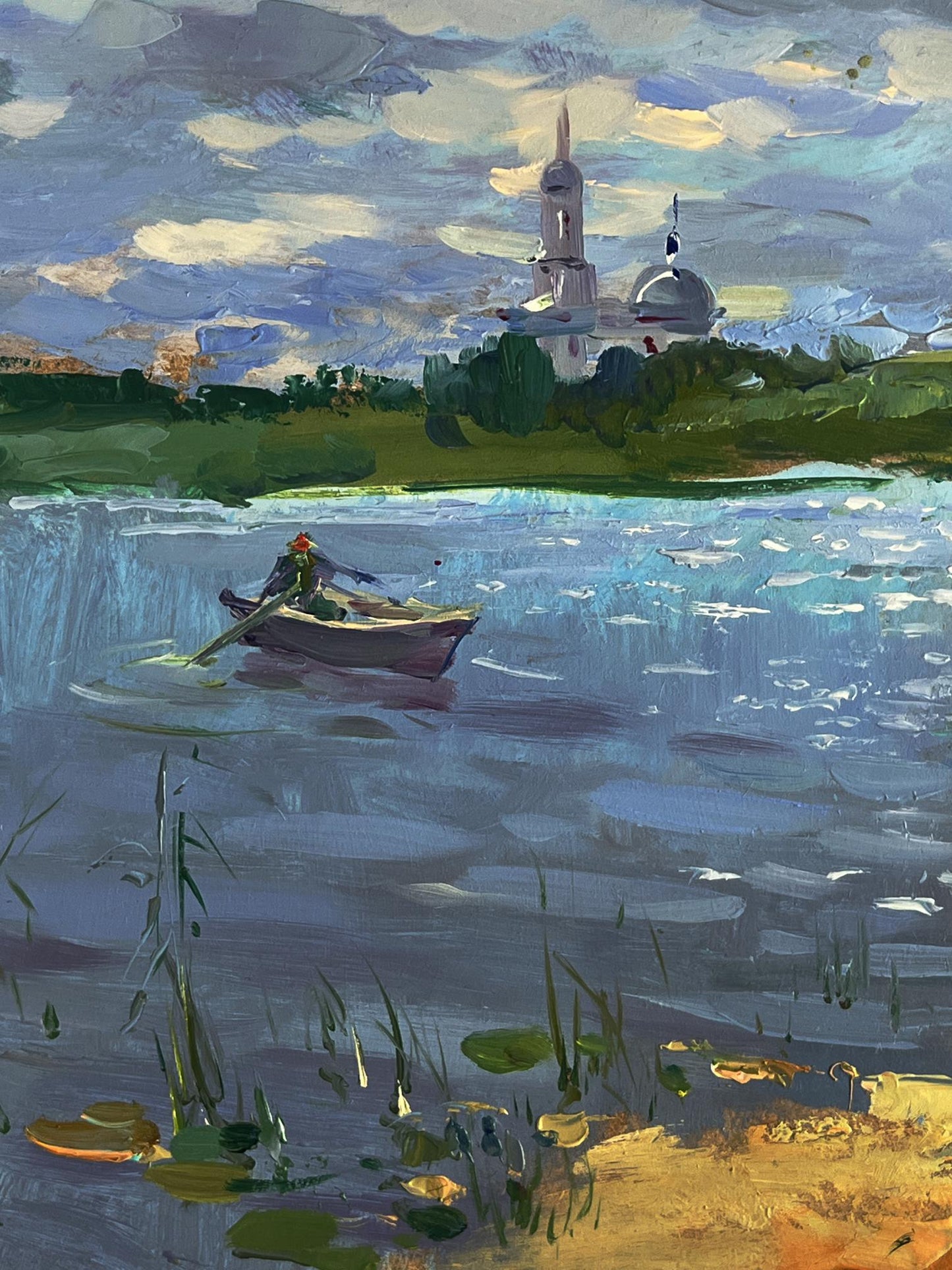 Serene impressionistic oil painting of summer fishing on river by Yuriy Suprunchuk