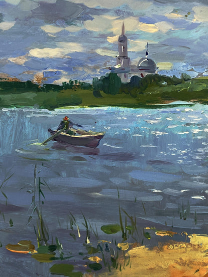 Serene impressionistic oil painting of summer fishing on river by Yuriy Suprunchuk