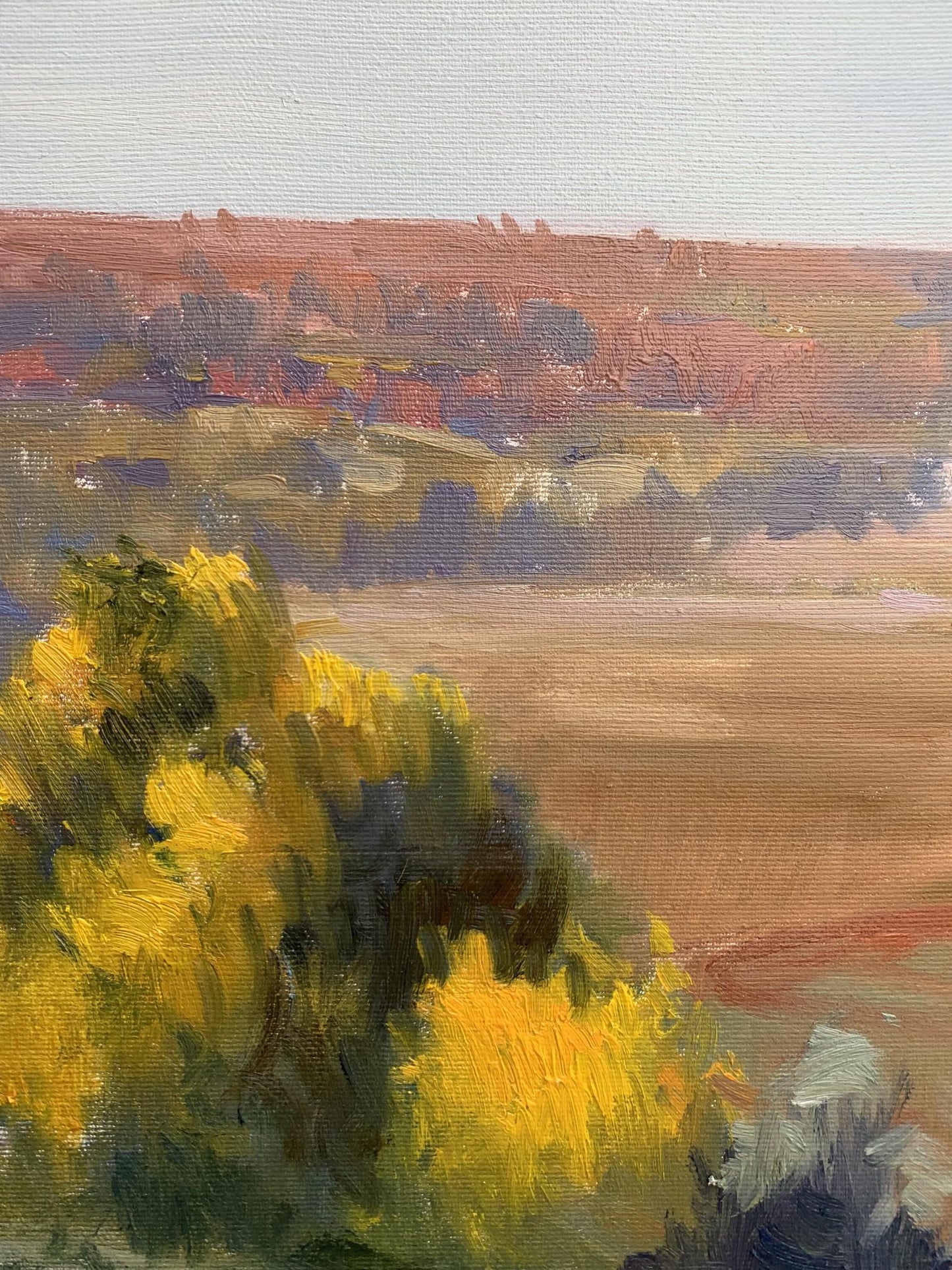 Oil painting Hot day by Tatyana Derdey: vibrant yellow foliage, distant hills