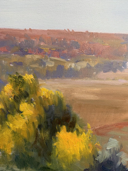 Oil painting Hot day by Tatyana Derdey: vibrant yellow foliage, distant hills