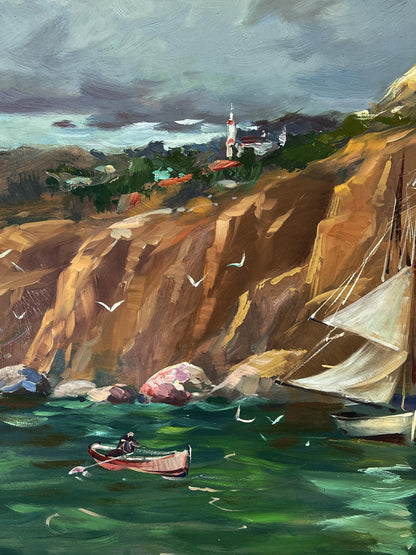 Vibrant impressionist oil painting of red rowboat by Yuriy Suprunchuk