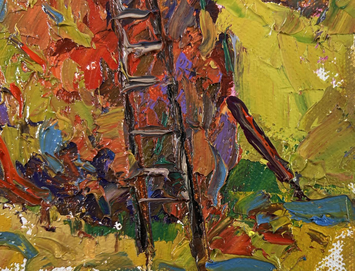 Oil painting When the Light Fades by Oksana Ivanyuk with textured dark ladder