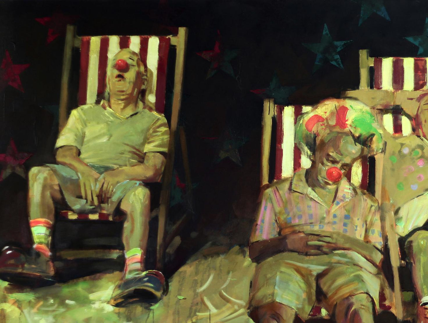 Oil painting Happy time Ed Potapenkov: two clowns in striped beach chairs under starry sky