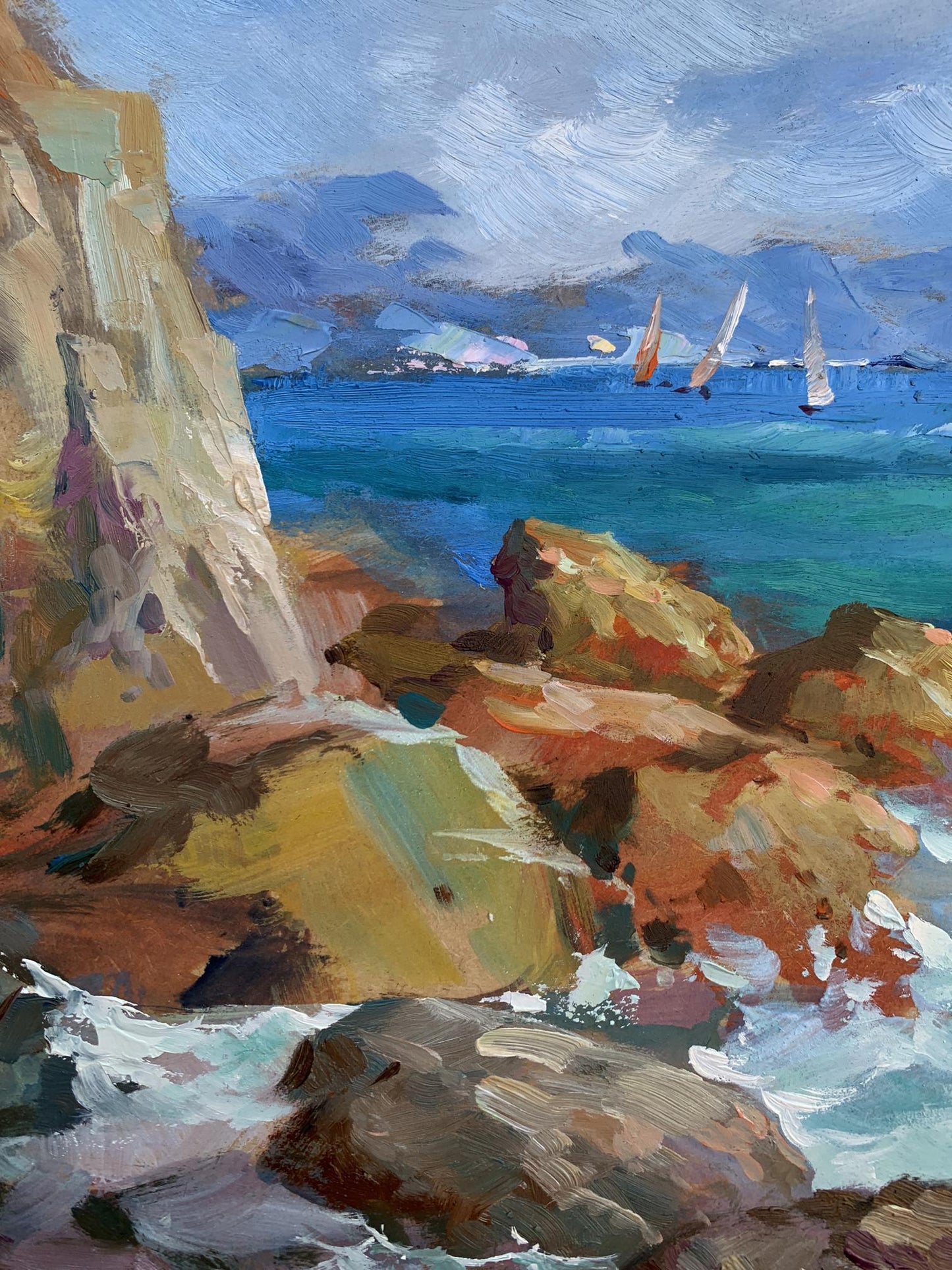 Oil painting by Yuriy Suprunchuk of sea waves crashing on rugged cliffs with turquoise waters and sailboats