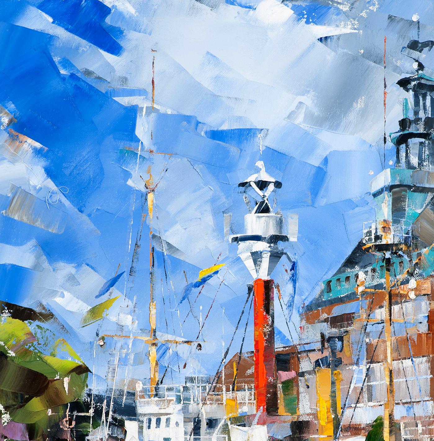 Oil painting of white red ship lighthouse in city by Volodymyr Gluhomanyuk