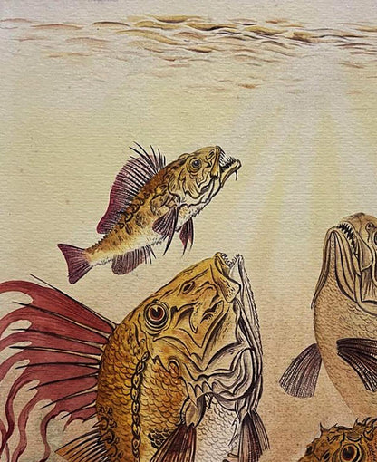 Watercolor painting of predatory fish by Dmytro Startsev, golden-brown body