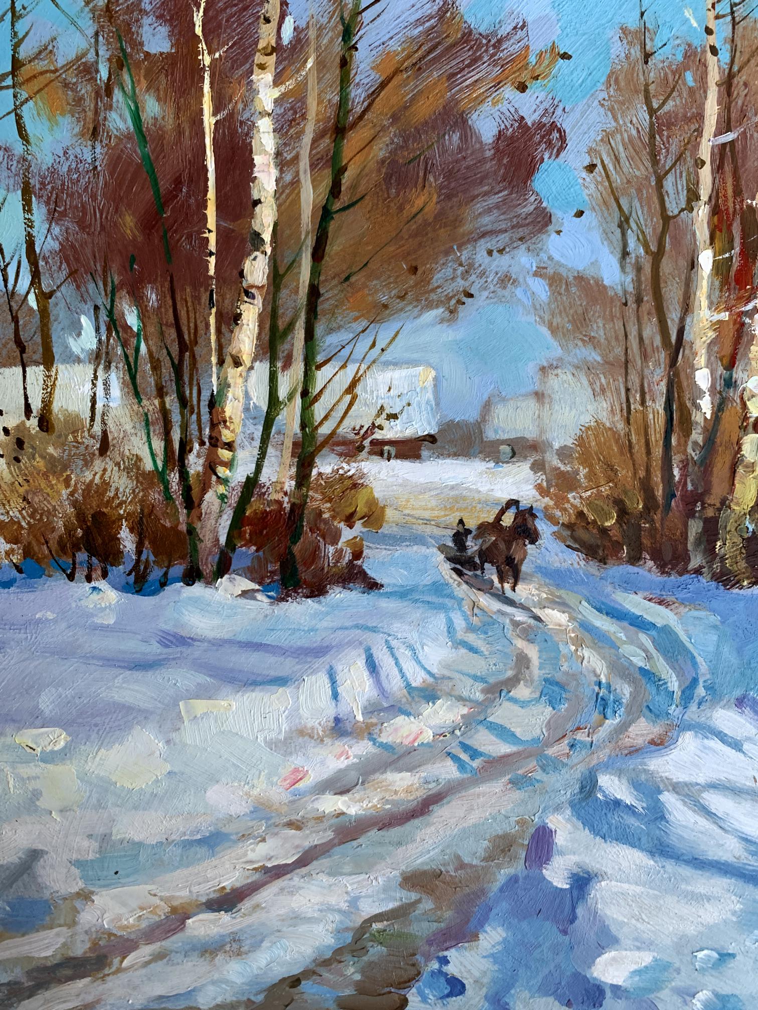 Textured oil painting of sunny winter day snowy birch forest path by Yuriy Suprunchuk