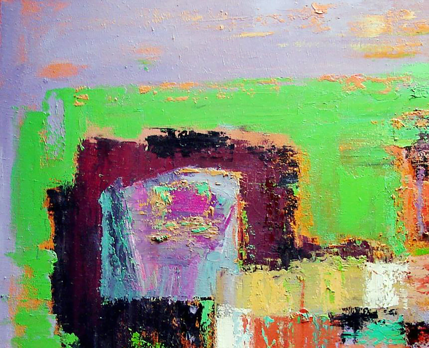 Oil painting Autumn warm day by Tatyana Shulyak, abstract green purple maroon impasto