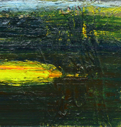 Oil painting Yellow Lake by Natalia Korf-Ivaniuk, vibrant yellow-green abstract impasto brushstrokes