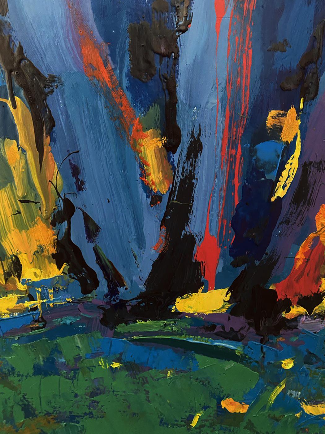 Vibrant Oleksiy Ivanyuk oil painting In the shade of the sedges with bold blue red yellow black strokes