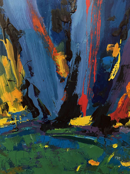 Vibrant Oleksiy Ivanyuk oil painting In the shade of the sedges with bold blue red yellow black strokes