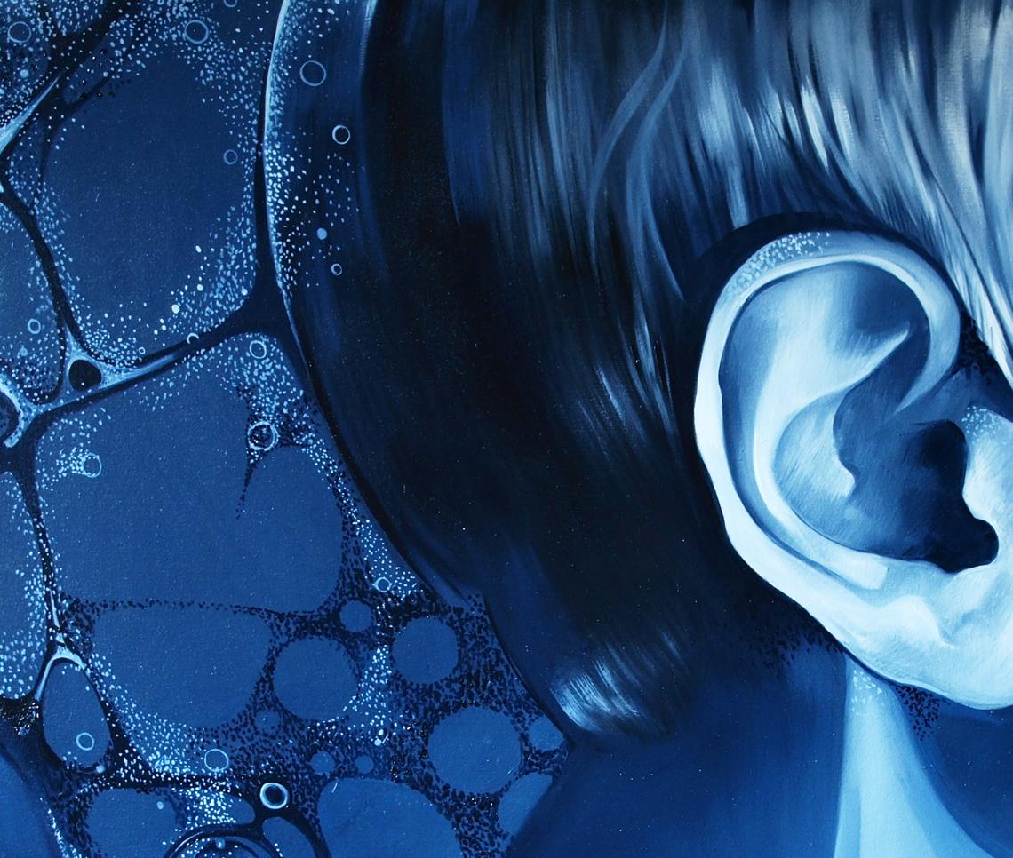 Stylized blue-toned ear illustration in Oil painting Before pleasure Konsta G. Amelinn