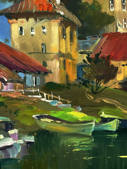 Vibrant impressionist oil painting of village boat dock by Yuriy Suprunchuk
