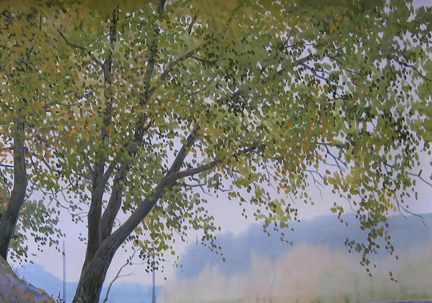 Watercolor painting of tall autumn tree by Valery Savenets