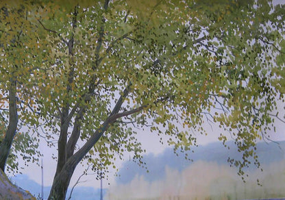 Watercolor painting of tall autumn tree by Valery Savenets